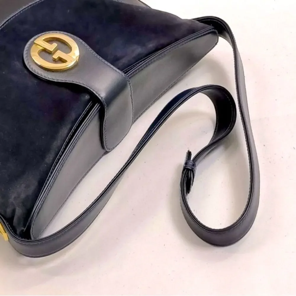 Auth Vintage Gucci Navy Blue Leather Suede Shoulder Bag Preloved Purse Old Gucci - Picture 3 of 14